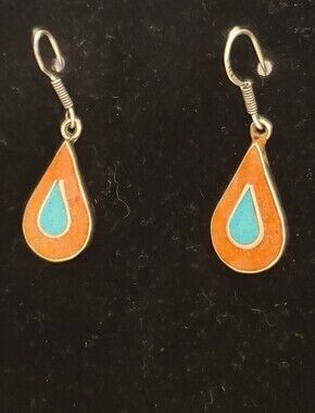 Sterling Inlaid Coral Turquoise Stamped 925s On French Wires Handmade Indian New
